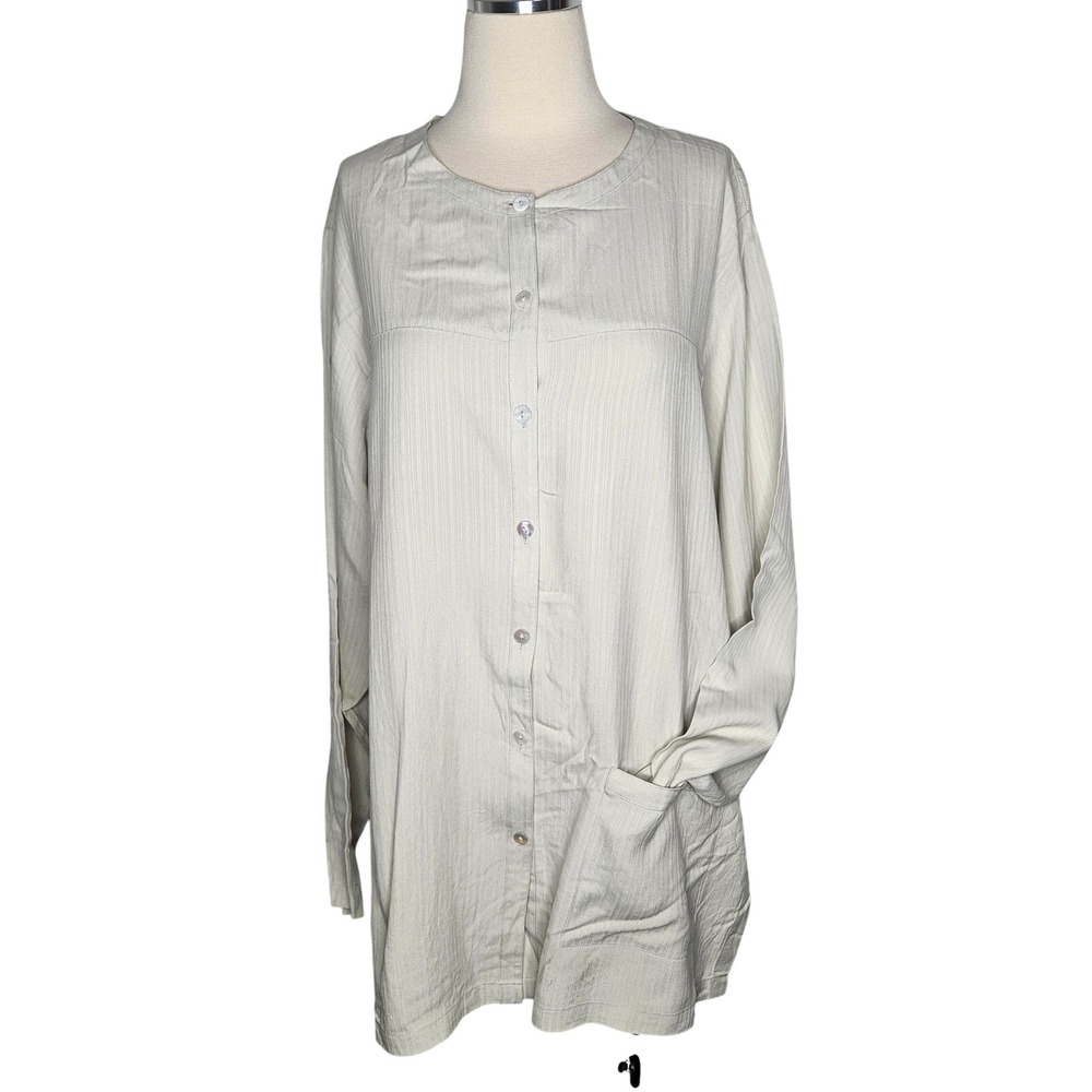 Silk Land Woman 100% Silk Tunic Top Ivory Long Sleeve‎ Button Front Size 1X Plus